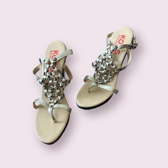 KORS Michael Kors Shoes - Women’s Michael Kors Made In Italy Leather Strappy Studded 4” Metallic Heels S 9